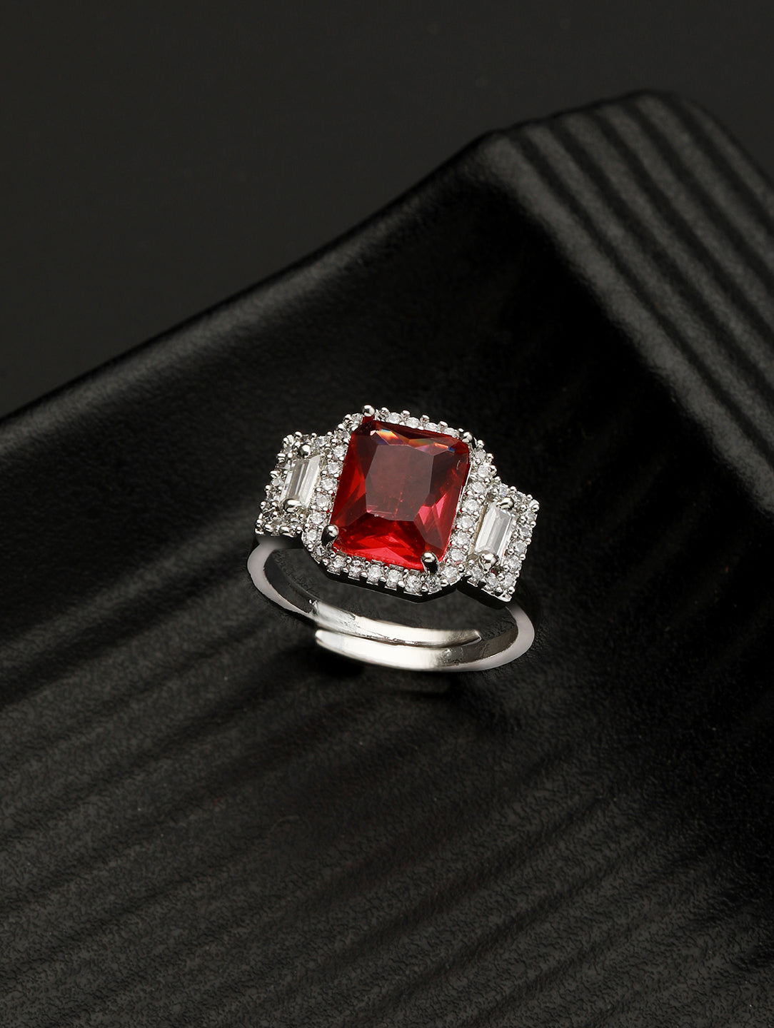 Silver Plated Red AD Studded Minimal Engagement Finger Ring